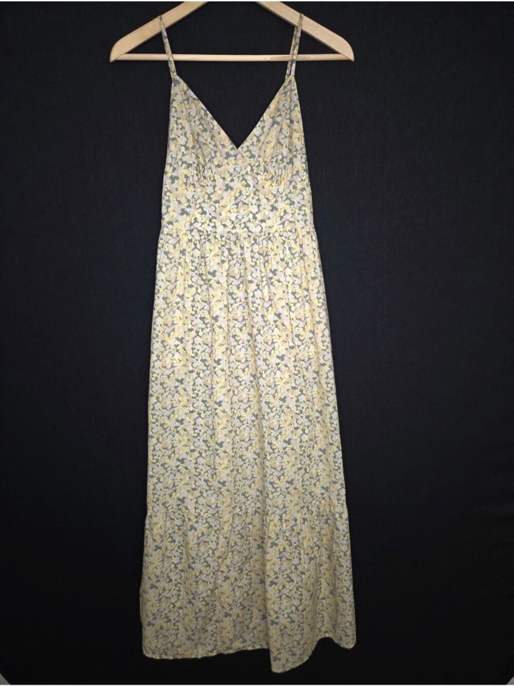 💙 Universal Thread Floral Cotton Tiered Maxi Dress XS Pockets Yellow Gray